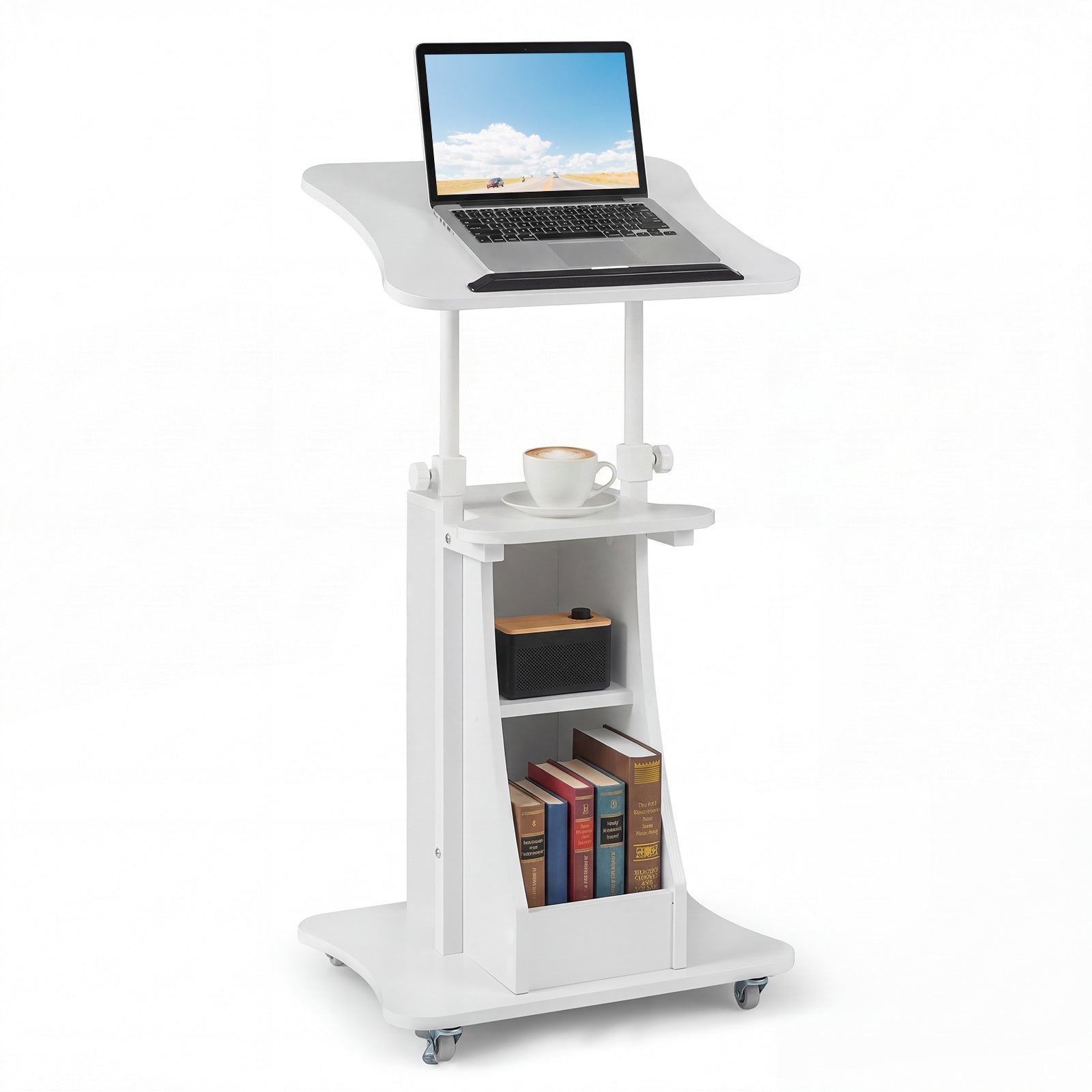 Costway Verstelbare Spreektafel Staande Tafel met Wielen en Kantelbare Tafel Mobiele Staande Bureau Wit