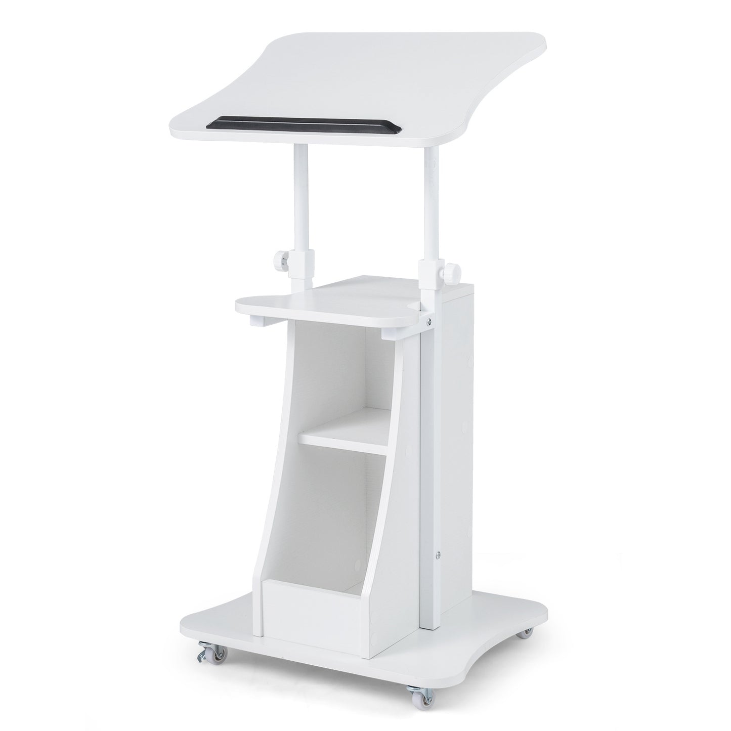Costway Verstelbare Spreektafel Staande Tafel met Wielen en Kantelbare Tafel Mobiele Staande Bureau Wit
