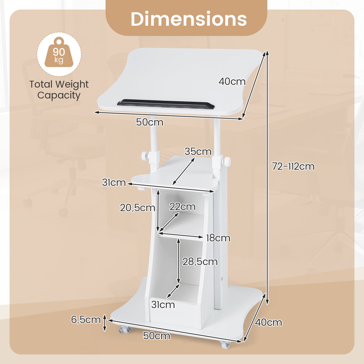 Costway Verstelbare Spreektafel Staande Tafel met Wielen en Kantelbare Tafel Mobiele Staande Bureau Wit