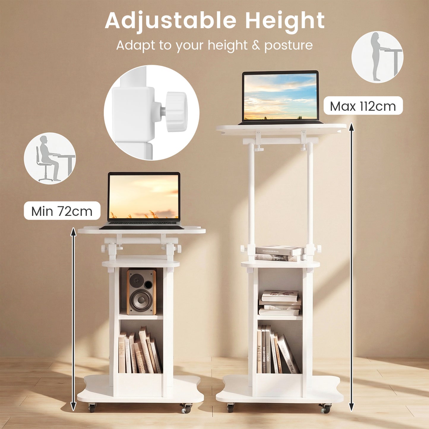 Costway Verstelbare Spreektafel Staande Tafel met Wielen en Kantelbare Tafel Mobiele Staande Bureau Wit