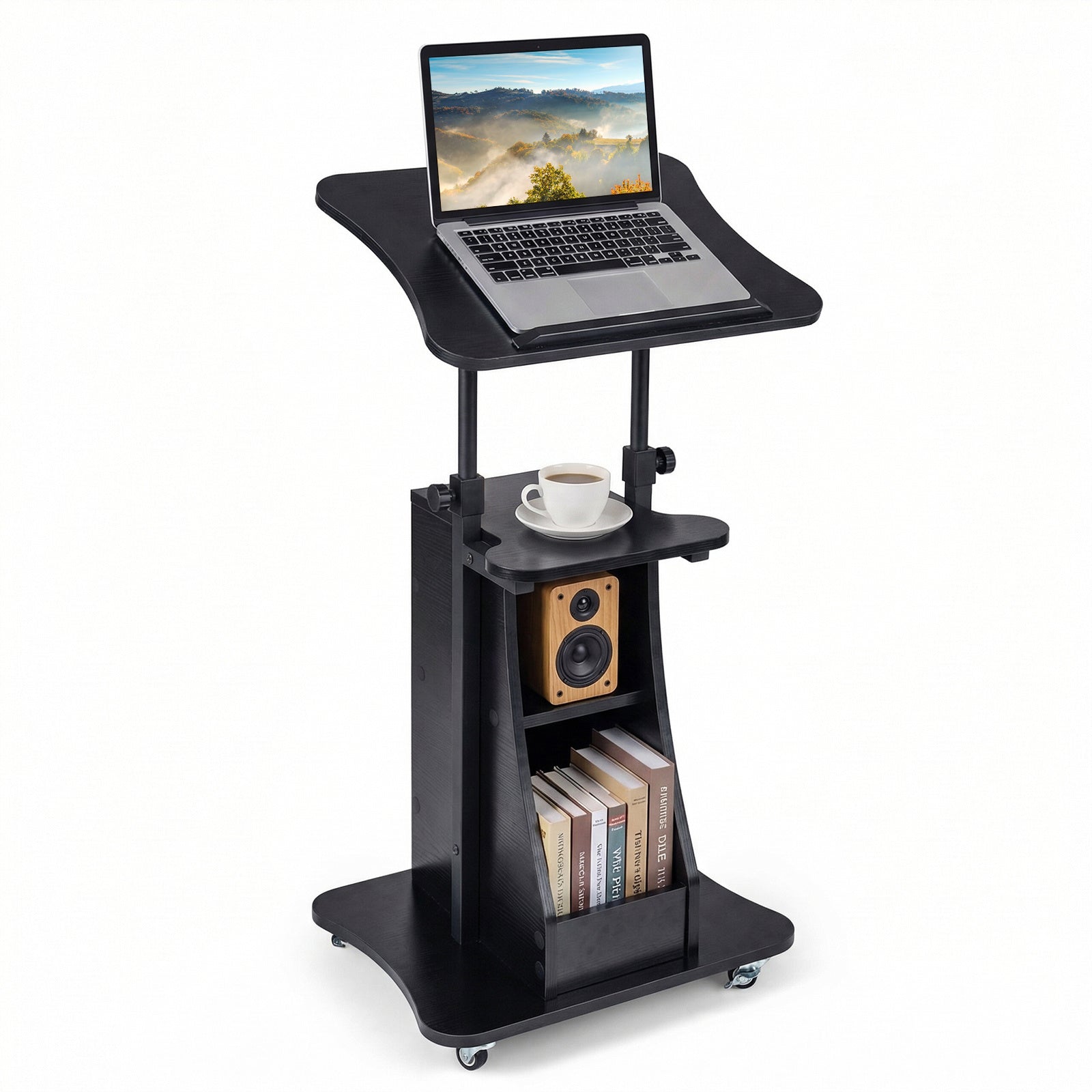 Costway Verstelbare Spreektafel Staande Tafel met Wielen en Kantelbare Tafel Mobiele Staande Bureau Zwart