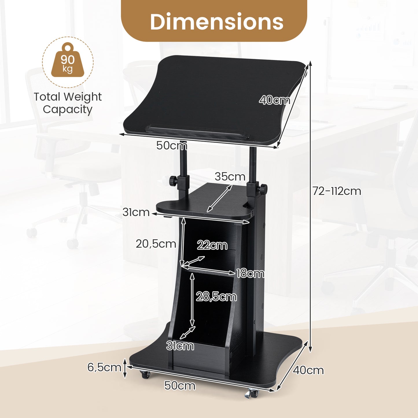 Costway Verstelbare Spreektafel Staande Tafel met Wielen en Kantelbare Tafel Mobiele Staande Bureau Zwart