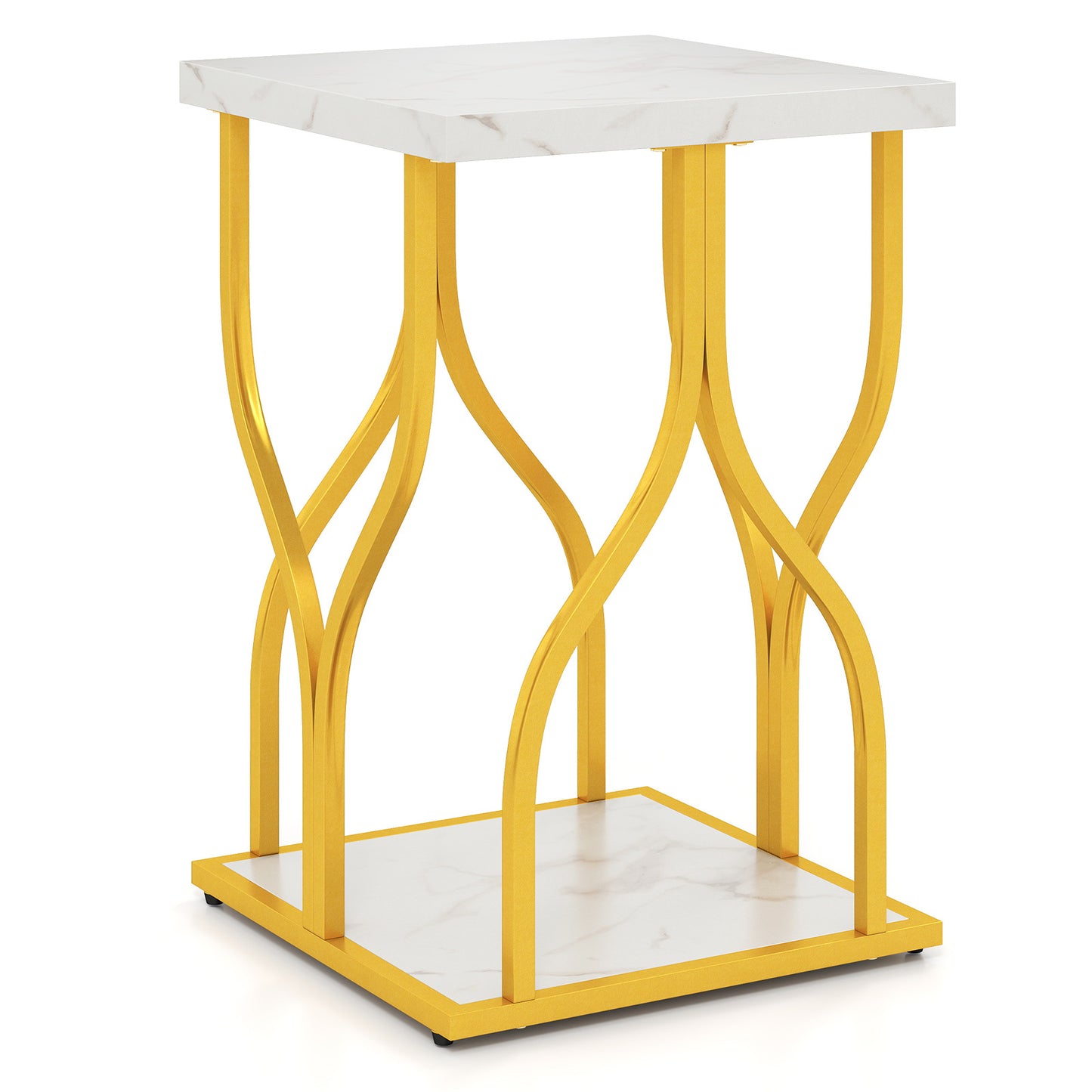 Costway Vierkante Bijzettafel Salontafel met 2 Niveaus en Tafelblad in Marmerlook Salontafel met Goudkleurig Metalen Frame 39,5 x 39,5 x 59,5 cm