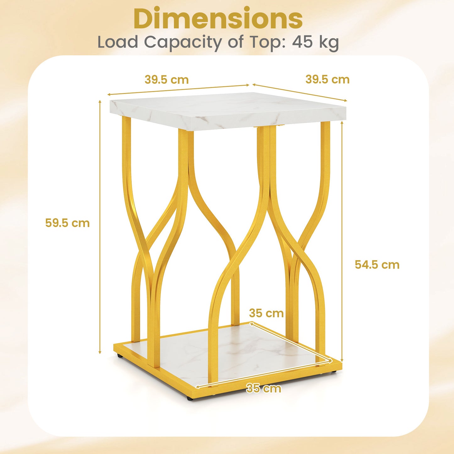 Costway Vierkante Bijzettafel Salontafel met 2 Niveaus en Tafelblad in Marmerlook Salontafel met Goudkleurig Metalen Frame 39,5 x 39,5 x 59,5 cm