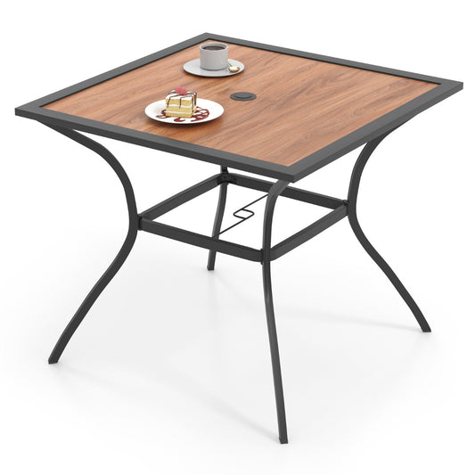 Costway Vierkante Terrastafel voor 4 Personen Bistrotafel met Houten Blad en Stevig Metalen Frame Buitentafel met Verstelbaar Parasolgat