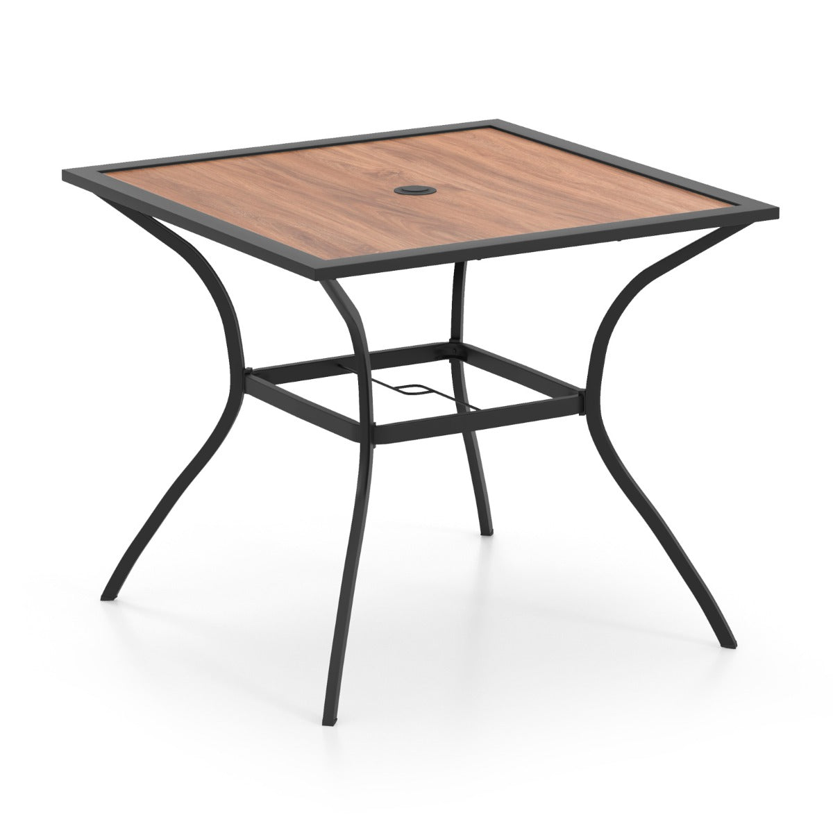 Costway Vierkante Terrastafel voor 4 Personen Bistrotafel met Houten Blad en Stevig Metalen Frame Buitentafel met Verstelbaar Parasolgat