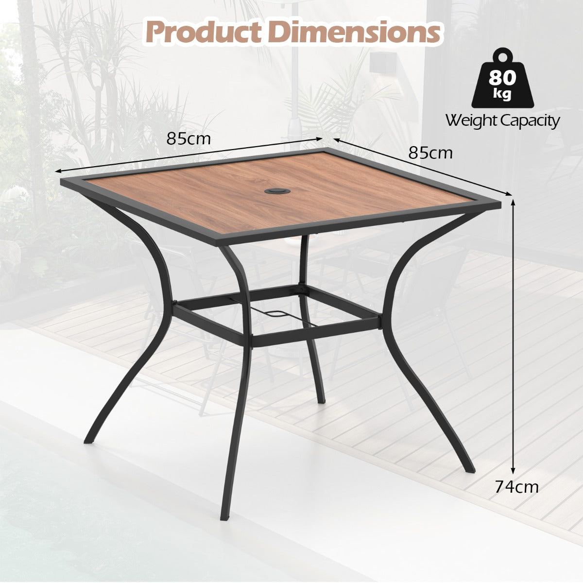 Costway Vierkante Terrastafel voor 4 Personen Bistrotafel met Houten Blad en Stevig Metalen Frame Buitentafel met Verstelbaar Parasolgat