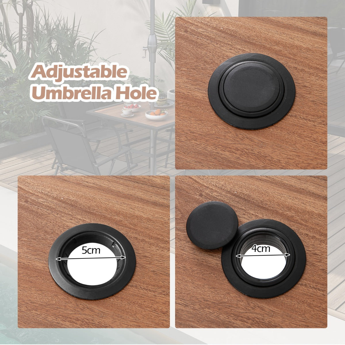 Costway Vierkante Terrastafel voor 4 Personen Bistrotafel met Houten Blad en Stevig Metalen Frame Buitentafel met Verstelbaar Parasolgat