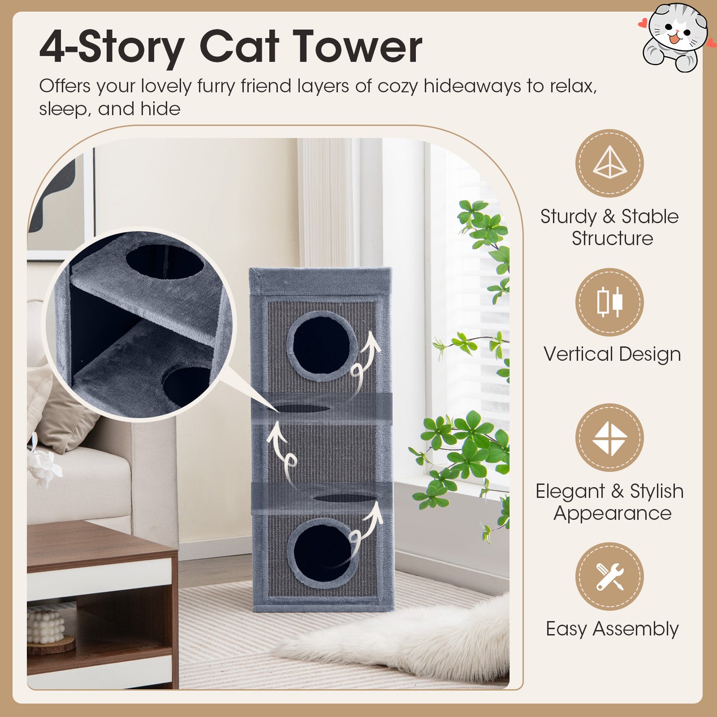 Costway Vierlaagse Kattenhuis 99 cm Hoog Kattenappartement Modern Tonvormig Kattenmeubilair Grijs