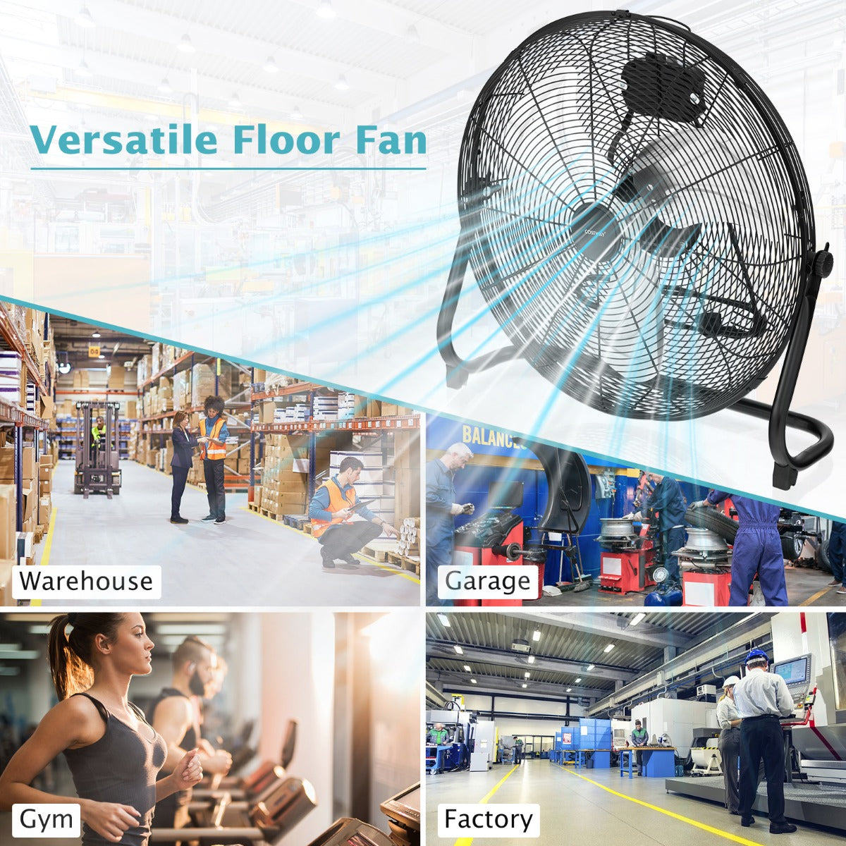 Costway Vloerventilator met 51 cm Diameter Industriële Vloerventilator met 145° Verstelbare Kantelhoek 3 Ventilatorsnelheden & Metalen Bladen Zwart