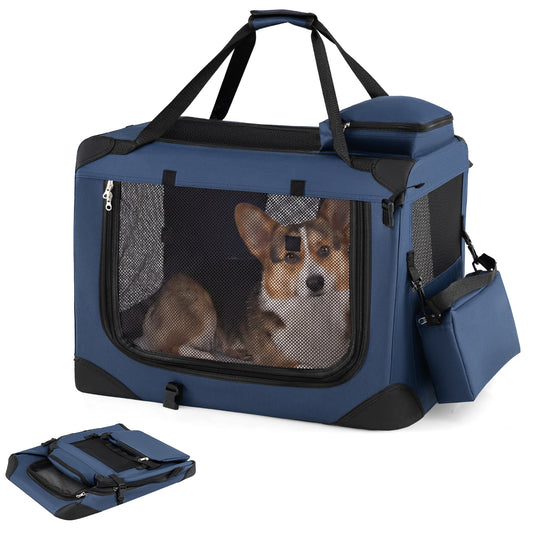 Costway Vouwbare Hondenbox Draagbare Hondentransportbox met Netvensters 3 Deuren Afneembare Kussen Blauw