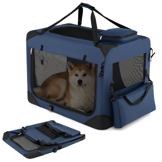 Costway Vouwbare Hondenbox Draagbare Hondentransportbox met Netvensters 3 Deuren Afneembare Kussen Blauw-L