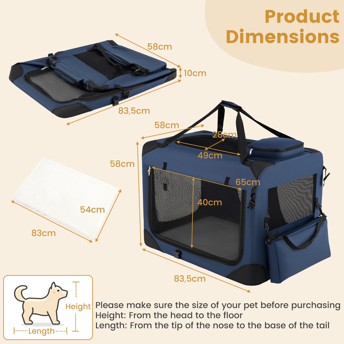 Costway Vouwbare Hondenbox Draagbare Hondentransportbox met Netvensters 3 Deuren Afneembare Kussen Blauw-L