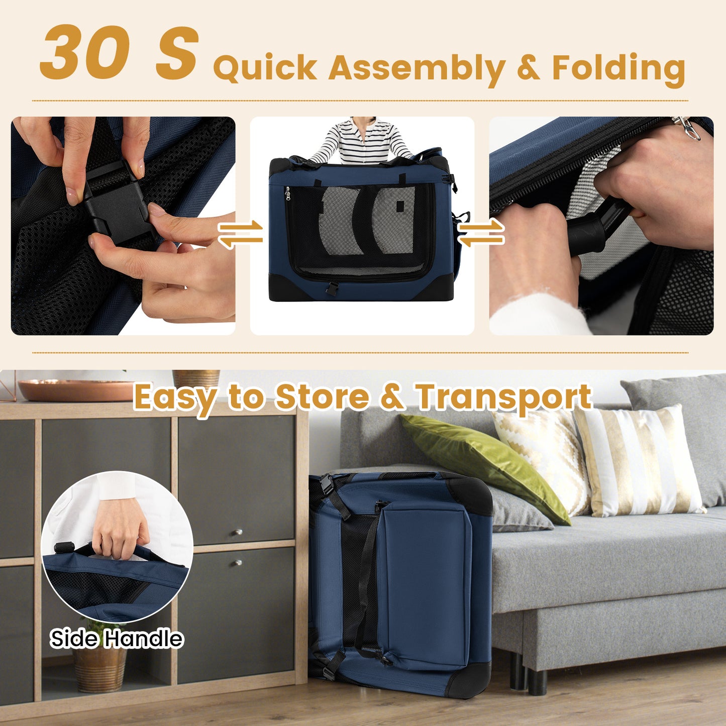 Costway Vouwbare Hondenbox Draagbare Hondentransportbox met Netvensters 3 Deuren Afneembare Kussen Blauw-M