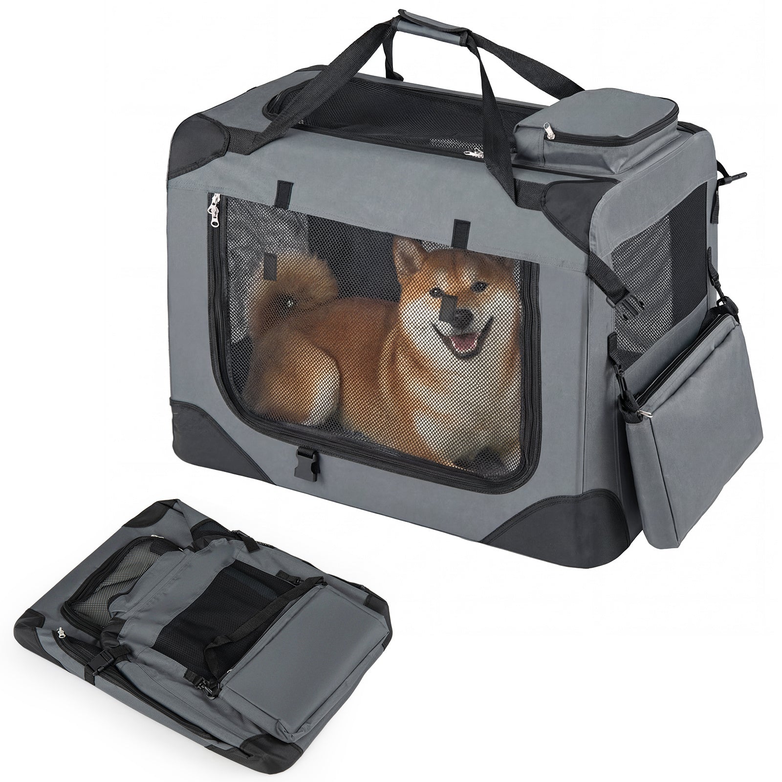 Costway Vouwbare Hondenbox Draagbare Hondentransportbox met Netvensters 3 Deuren Afneembare Kussen Grijs-M