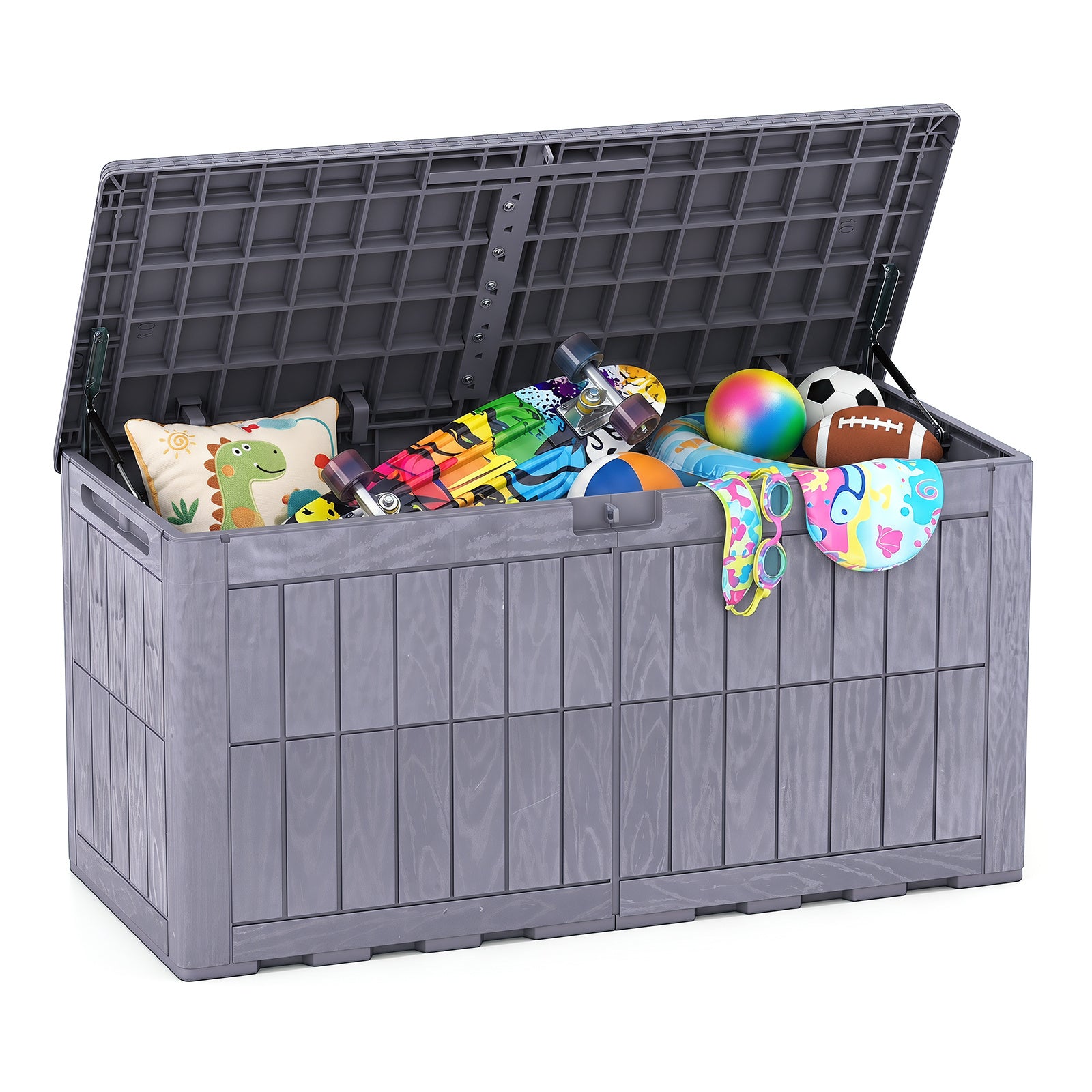 Costway Weerbestendige Opbergbox 380L Outdoor Opbergbox met Afsluitbaar Deksel Gasdrukveren en Handgrepen 2-in-1 Terrasbank en Kussenbox Bruin