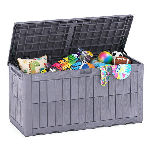 Costway Weerbestendige Opbergbox 380L Outdoor Opbergbox met Afsluitbaar Deksel Gasdrukveren en Handgrepen 2-in-1 Terrasbank en Kussenbox Bruin