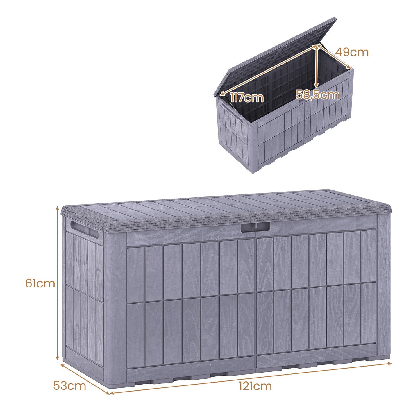 Costway Weerbestendige Opbergbox 380L Outdoor Opbergbox met Afsluitbaar Deksel Gasdrukveren en Handgrepen 2-in-1 Terrasbank en Kussenbox Bruin