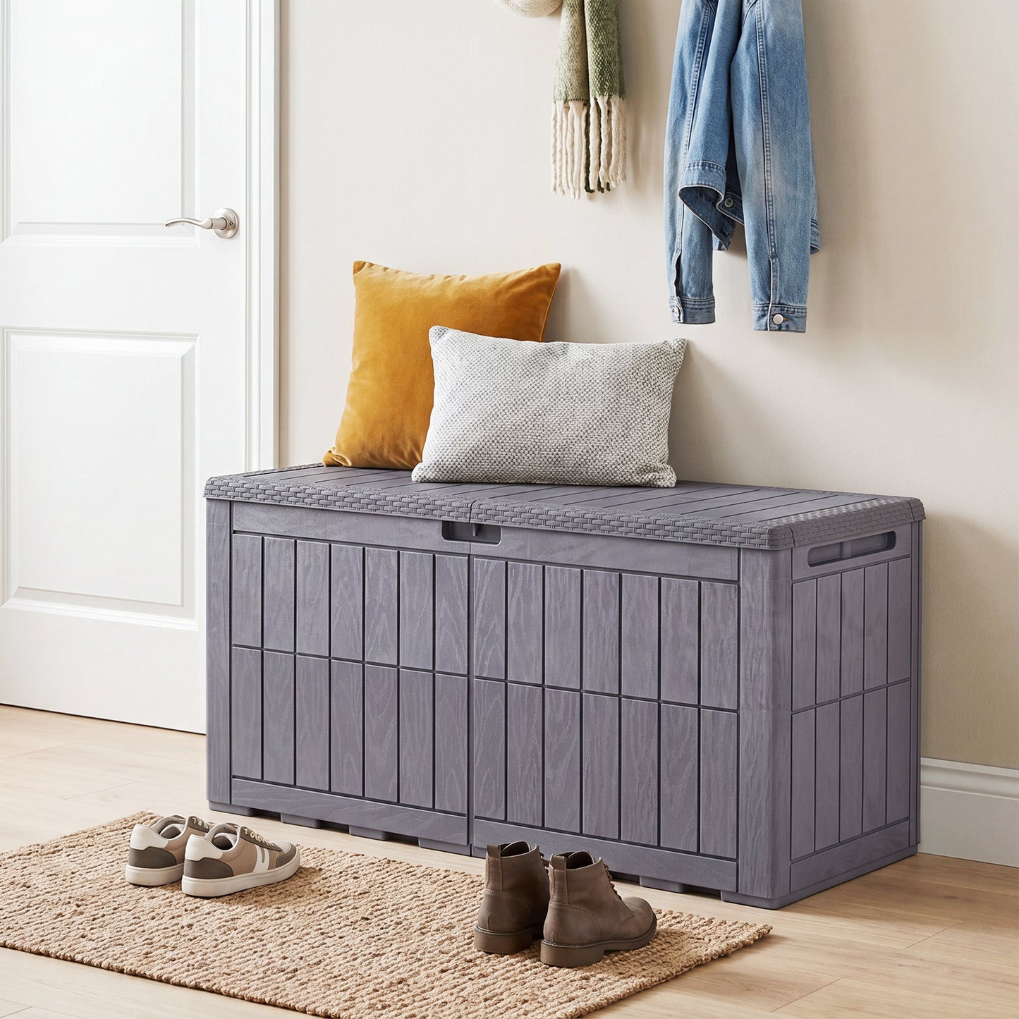 Costway Weerbestendige Opbergbox 380L Outdoor Opbergbox met Afsluitbaar Deksel Gasdrukveren en Handgrepen 2-in-1 Terrasbank en Kussenbox Bruin