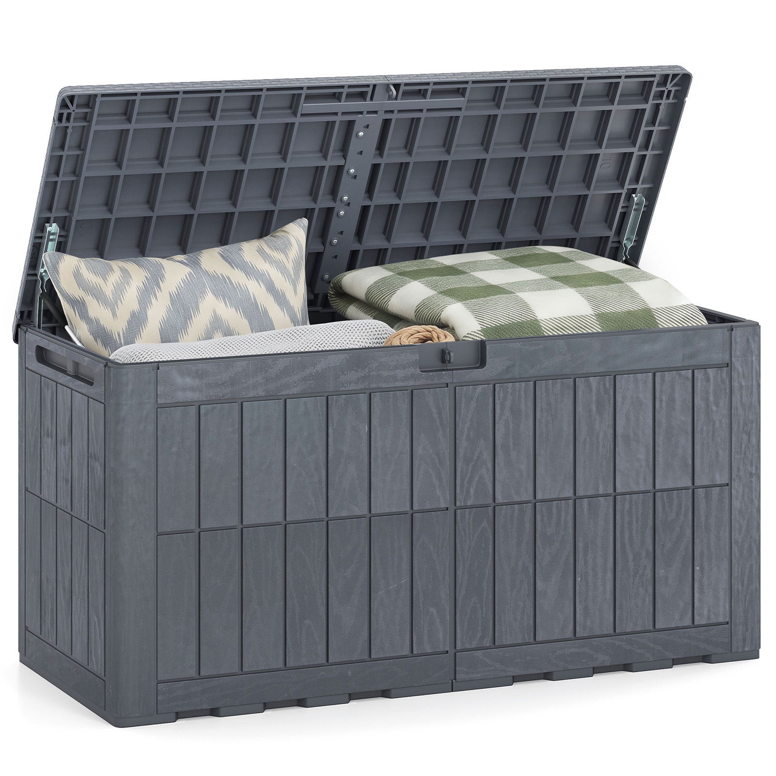 Costway Weerbestendige Opbergbox 380L Outdoor Opbergbox met Afsluitbaar Deksel Gasdrukveren en Handgrepen 2-in-1 Terrasbank en Kussenbox Grijs