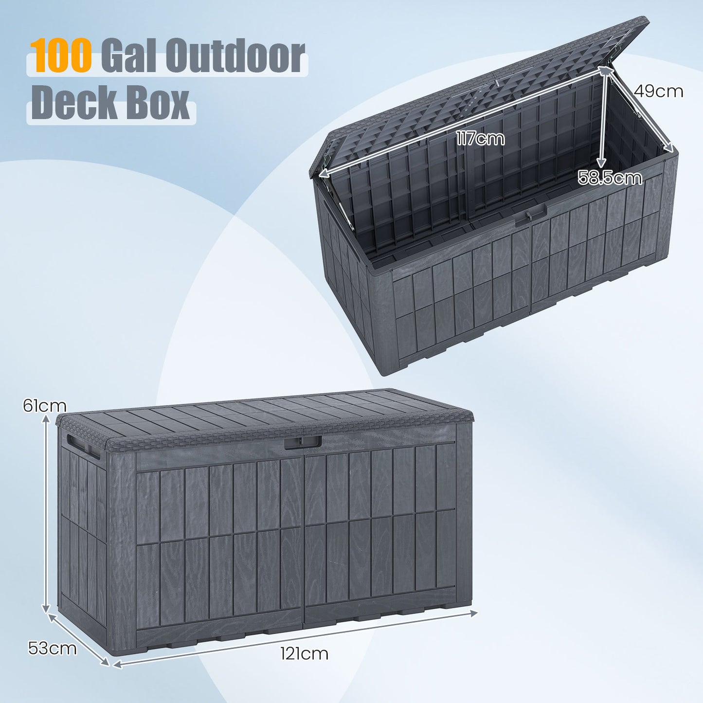 Costway Weerbestendige Opbergbox 380L Outdoor Opbergbox met Afsluitbaar Deksel Gasdrukveren en Handgrepen 2-in-1 Terrasbank en Kussenbox Grijs