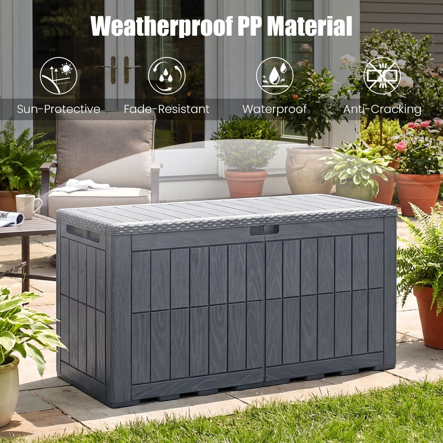 Costway Weerbestendige Opbergbox 380L Outdoor Opbergbox met Afsluitbaar Deksel Gasdrukveren en Handgrepen 2-in-1 Terrasbank en Kussenbox Grijs