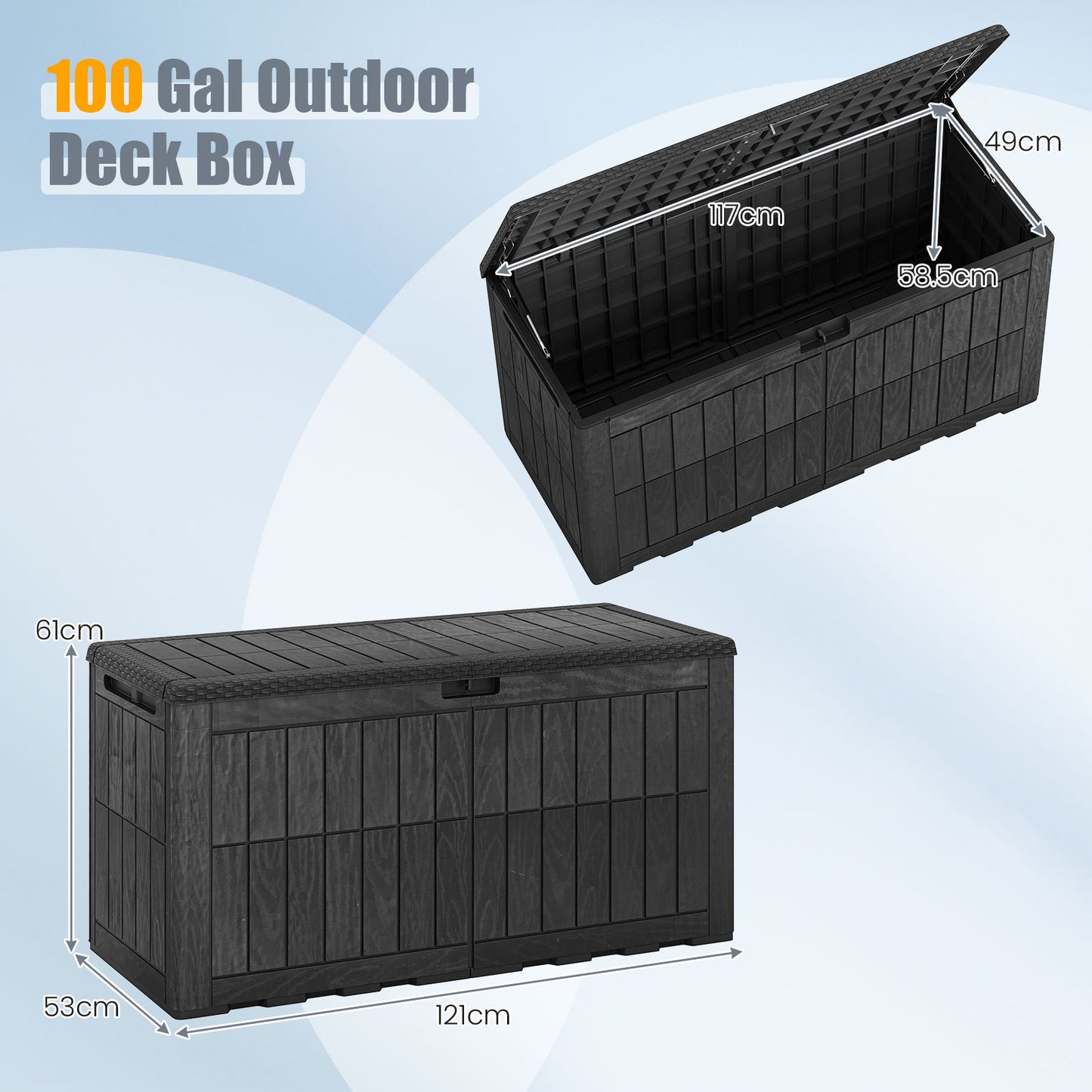 Costway Weerbestendige Opbergbox 380L Outdoor Opbergbox met Afsluitbaar Deksel Gasdrukveren en Handgrepen 2-in-1 Terrasbank en Kussenbox Zwart