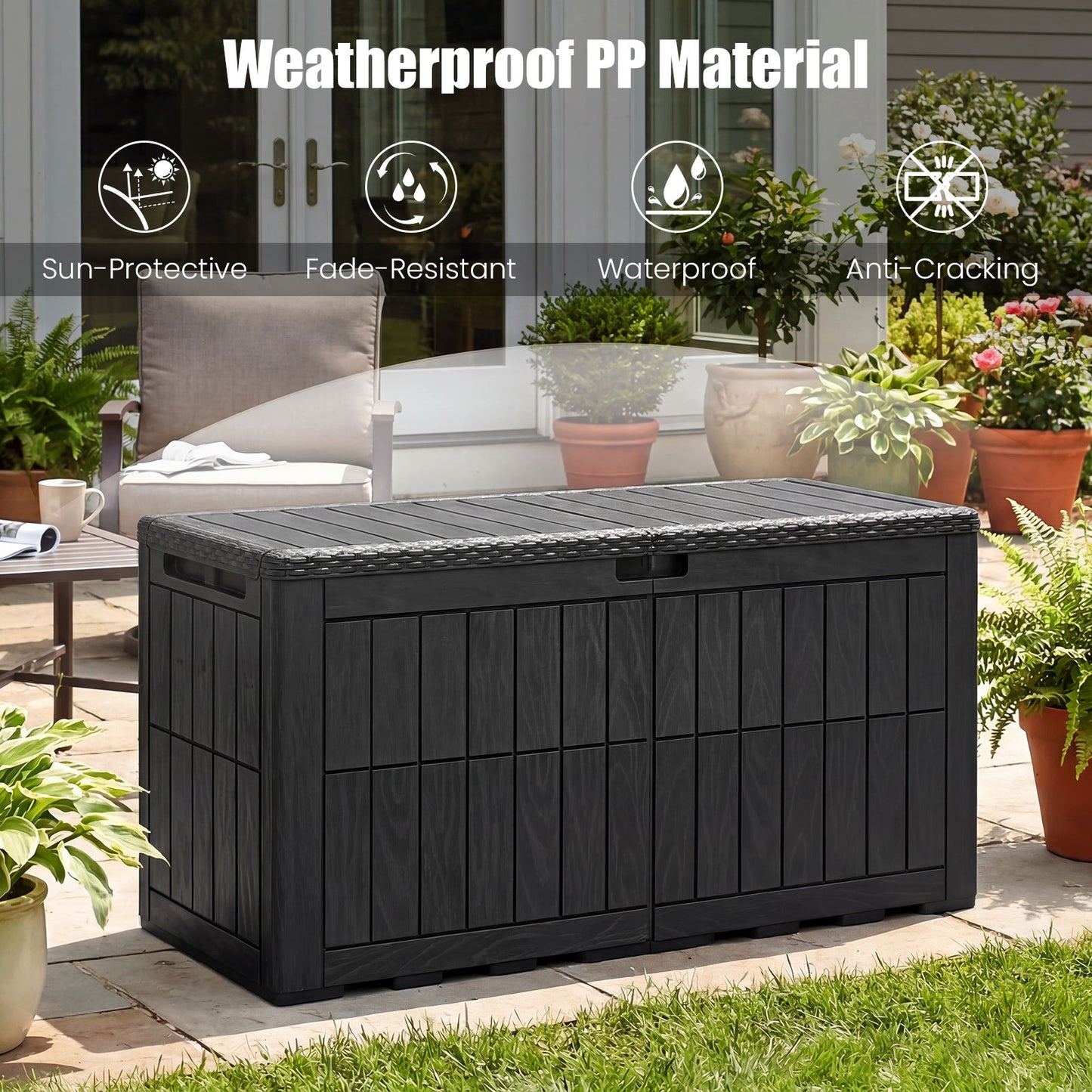 Costway Weerbestendige Opbergbox 380L Outdoor Opbergbox met Afsluitbaar Deksel Gasdrukveren en Handgrepen 2-in-1 Terrasbank en Kussenbox Zwart