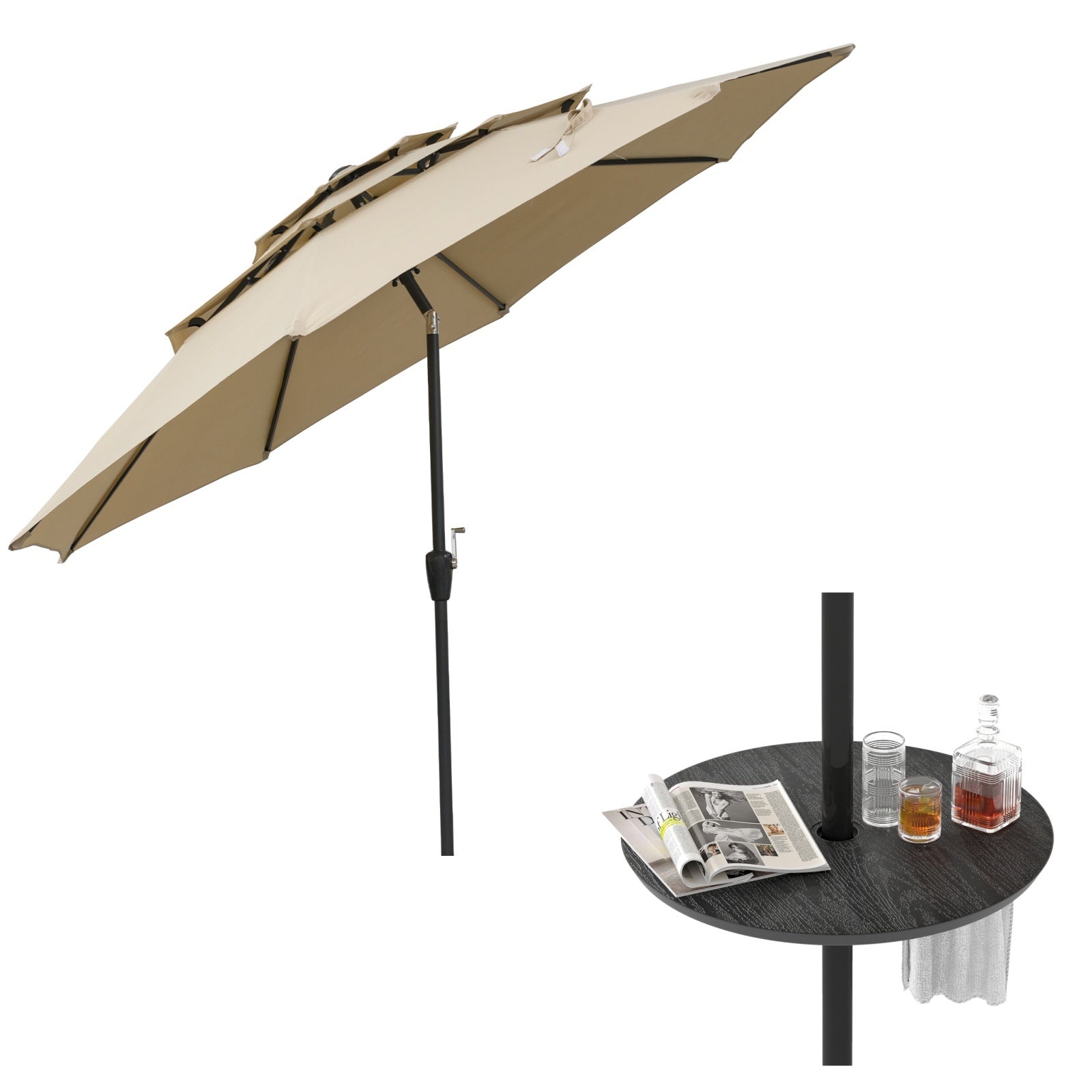 Costway Windbestendige Parasol met 3 Lagen en Slinger Beige + Tafel van 50 cm met Verstelbare Parasolhouder