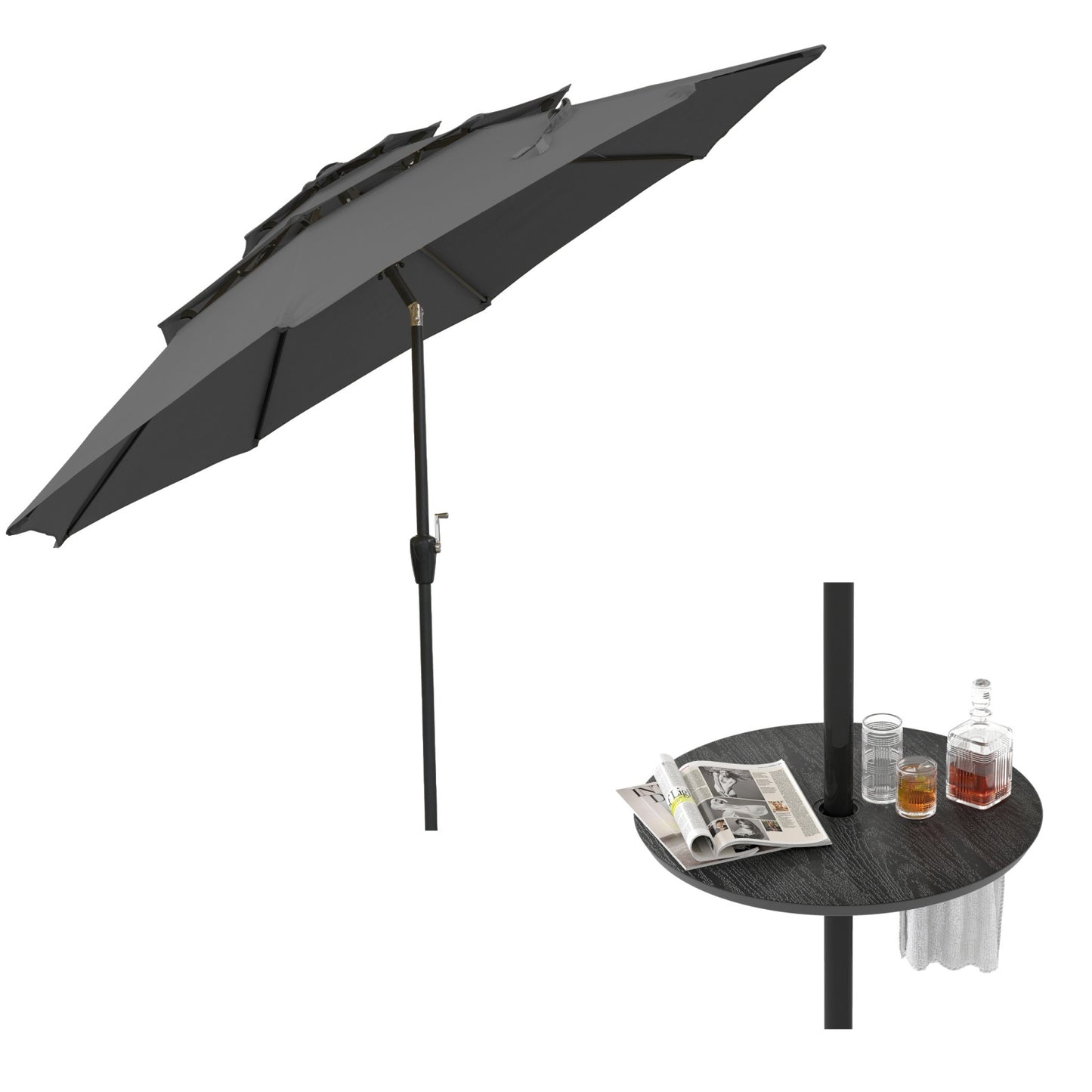Costway Windbestendige Parasol met 3 Lagen en Slinger Grijs + Tafel van 50 cm met Verstelbare Parasolhouder