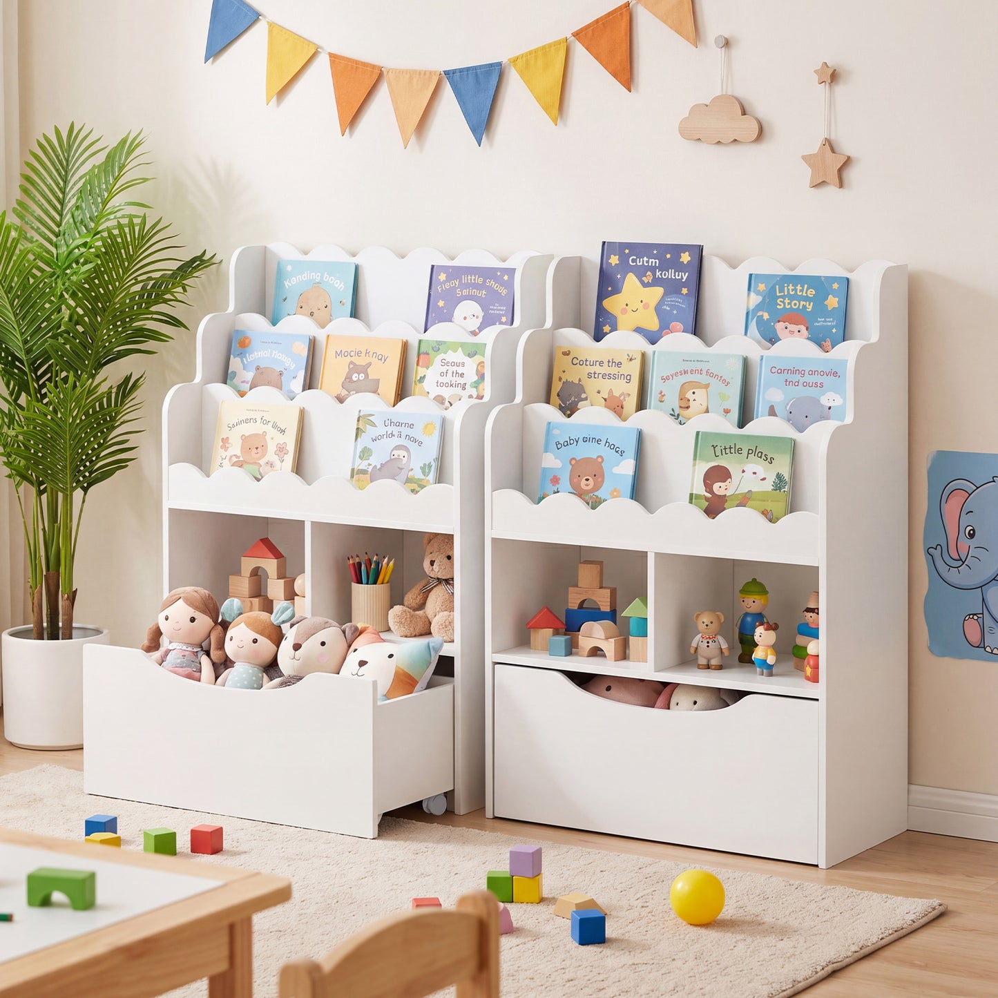 Costway Wit Kinderboekenkast met 5 Niveaus Boekenrek met Lades Op Wielen 2 Open Vakken Speelgoedrek van Hout Speelgoedopslag
