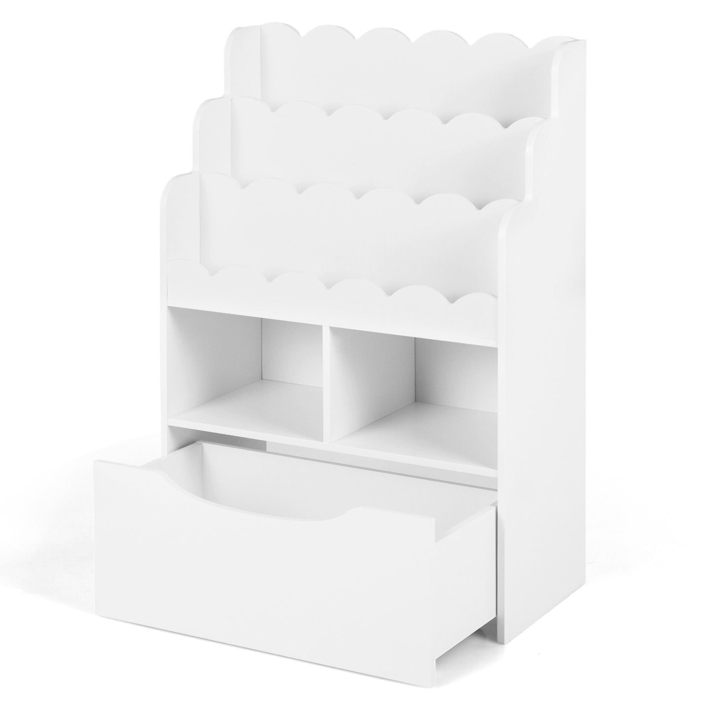 Costway Wit Kinderboekenkast met 5 Niveaus Boekenrek met Lades Op Wielen 2 Open Vakken Speelgoedrek van Hout Speelgoedopslag