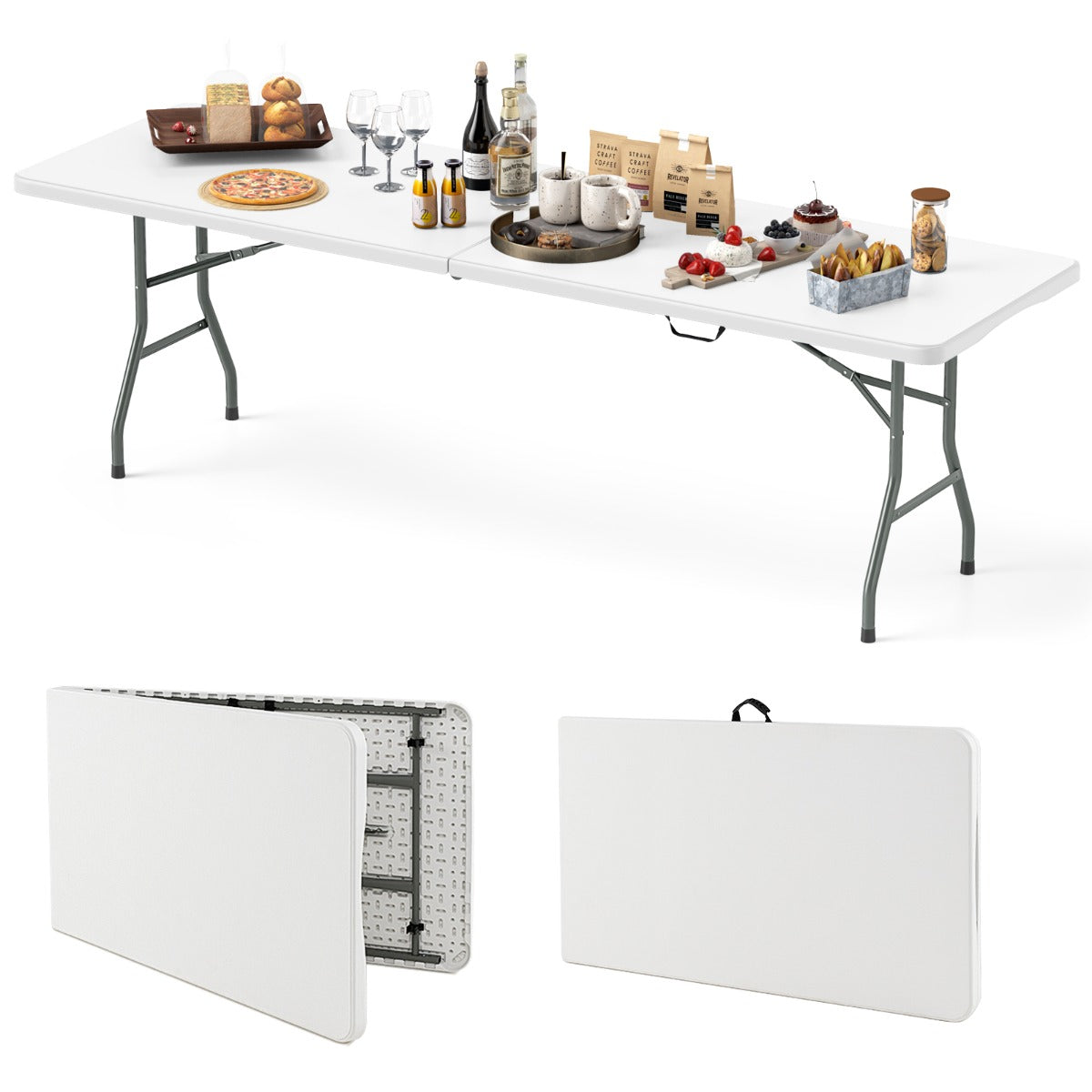 Costway XXL Tuintafel met HDPE Tafelblad & Draaggreep Opvouwbare Campingtafel Feesttafel Wit