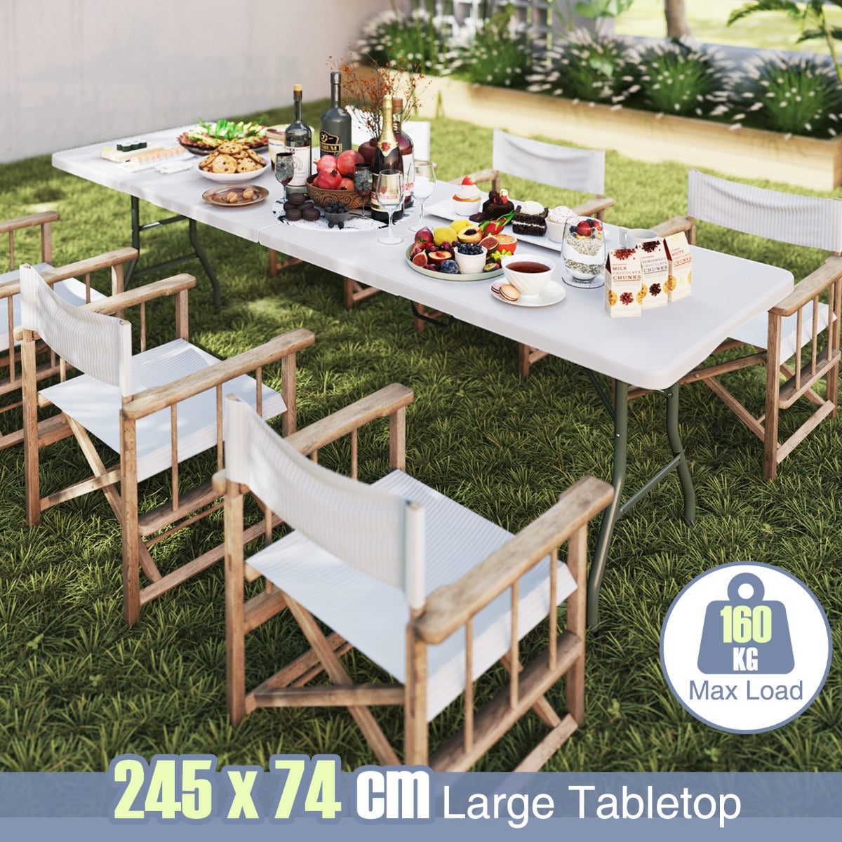 Costway XXL Tuintafel met HDPE Tafelblad & Draaggreep Opvouwbare Campingtafel Feesttafel Wit