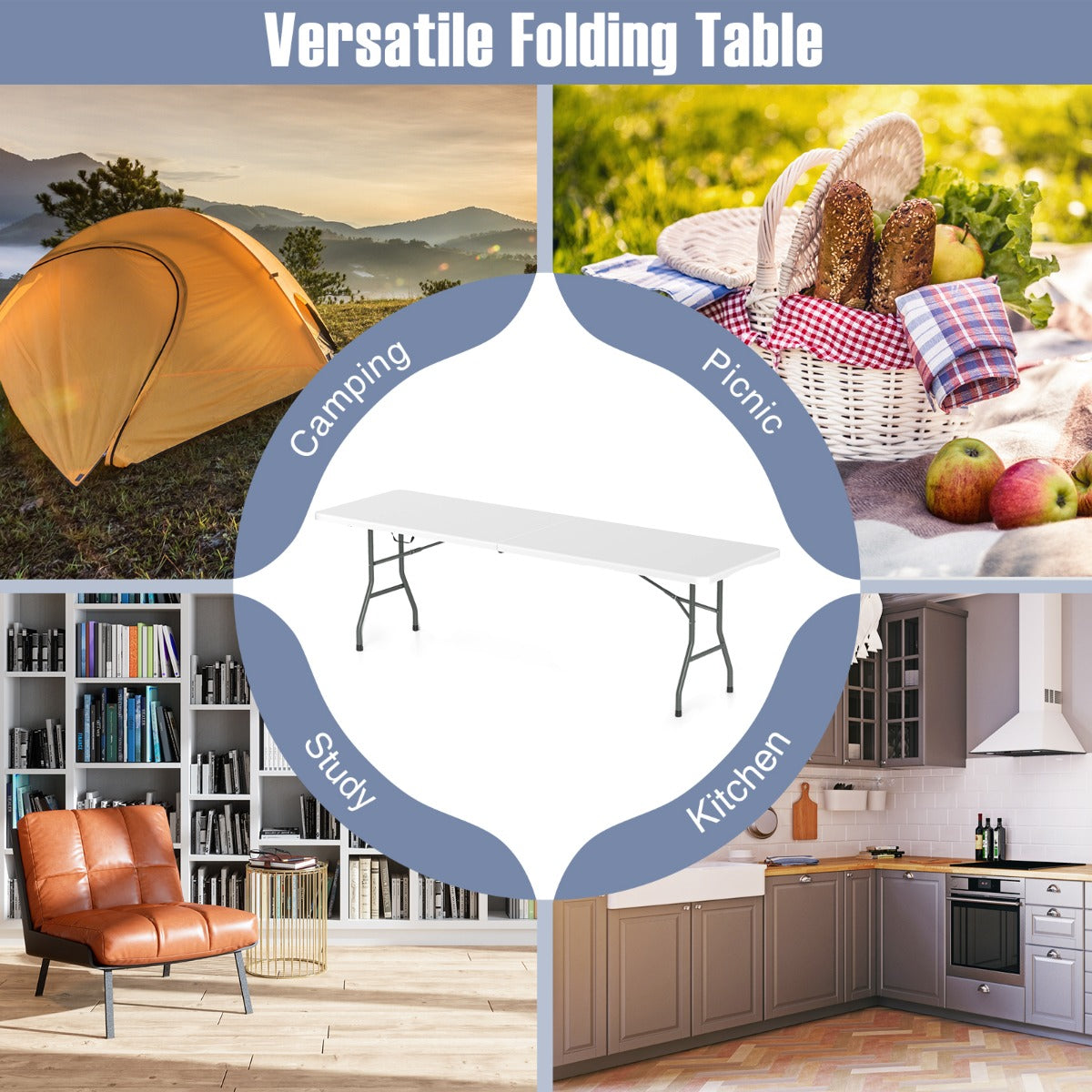 Costway XXL Tuintafel met HDPE Tafelblad & Draaggreep Opvouwbare Campingtafel Feesttafel Wit
