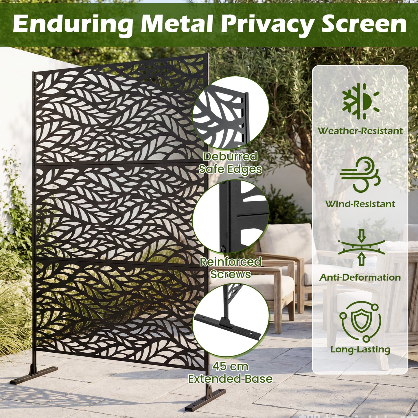 Costway Zichtscherm Tuin 122 x 198 cm Vrijstaande Roomdivider van Verzinkt Staal Paravent met Standaard Decoratieve