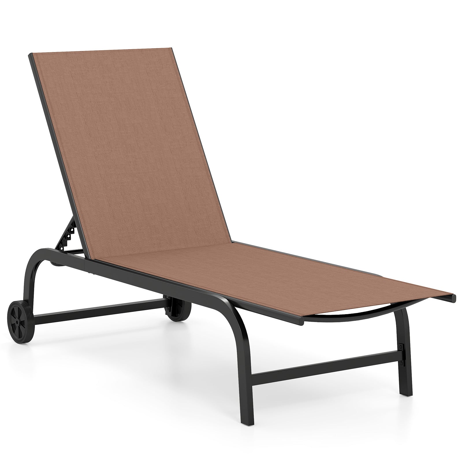Costway Zonnebed met Wielen Robuust Tuinbed met 6-voudig Verstelbare Rugleuning tot 180° Plat Ligstoel Bruin