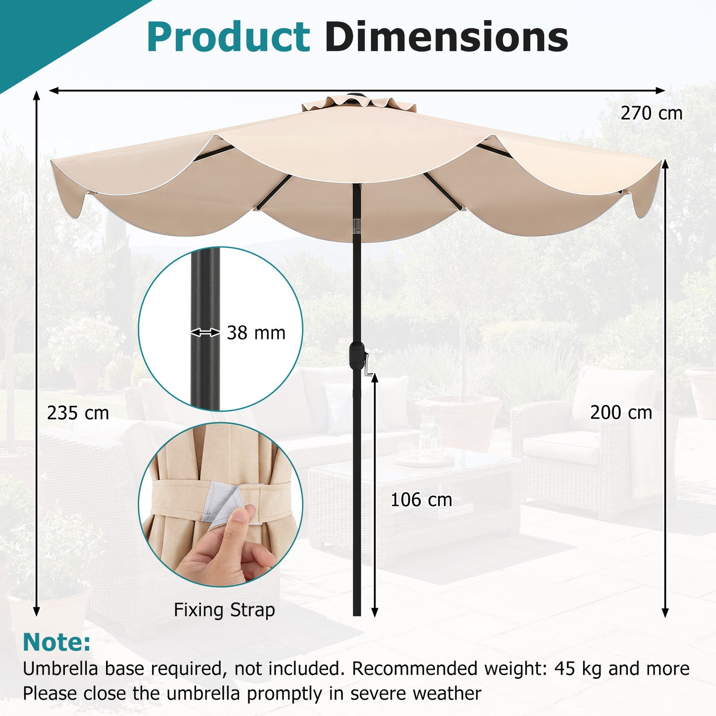 Costway Zonnescherm 270 cm Parasol met Zwengel en Kantelfunctie Balkonparasol met 8 Metalen Ribben en Dubbellaags Parasoldoek Beige
