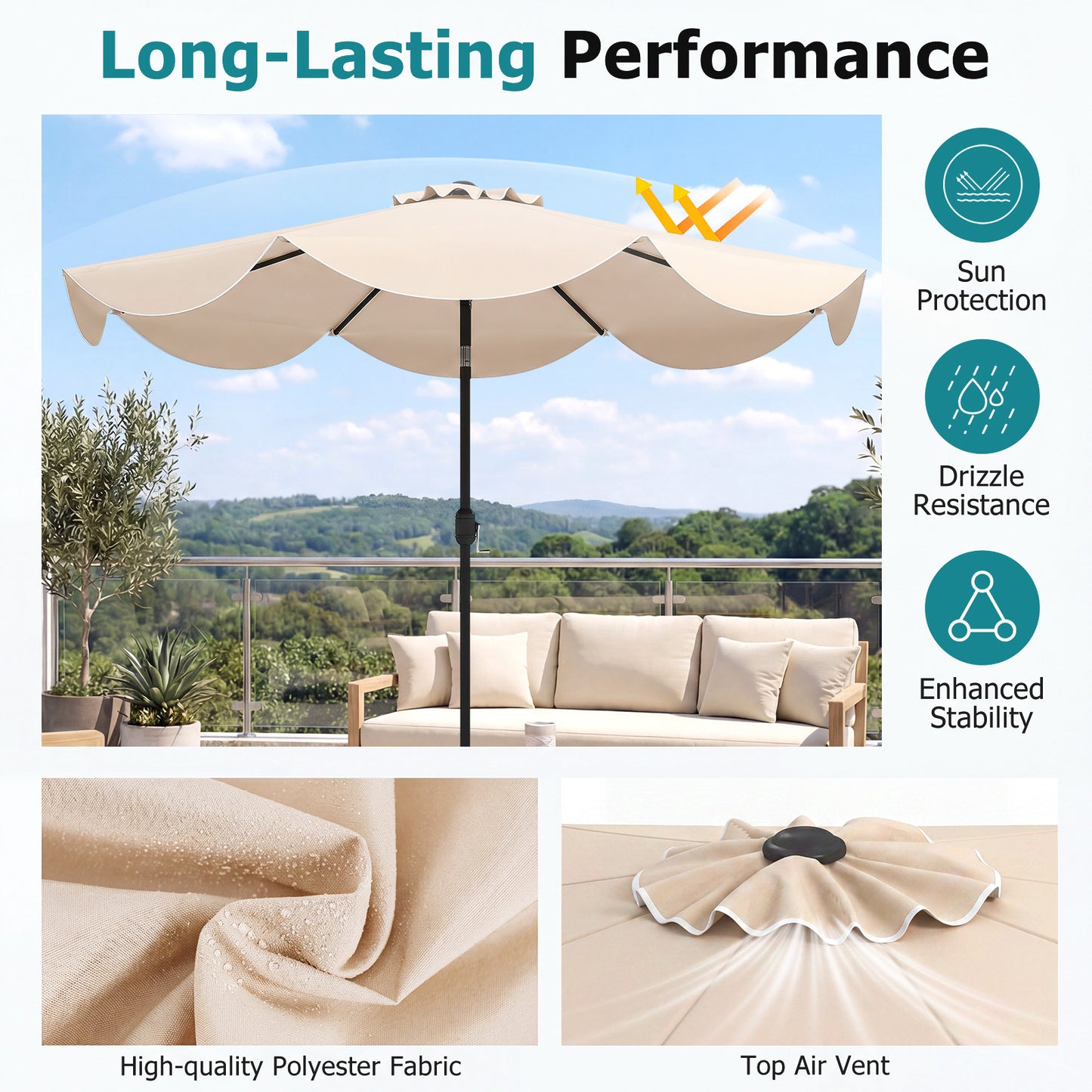 Costway Zonnescherm 270 cm Parasol met Zwengel en Kantelfunctie Balkonparasol met 8 Metalen Ribben en Dubbellaags Parasoldoek Beige