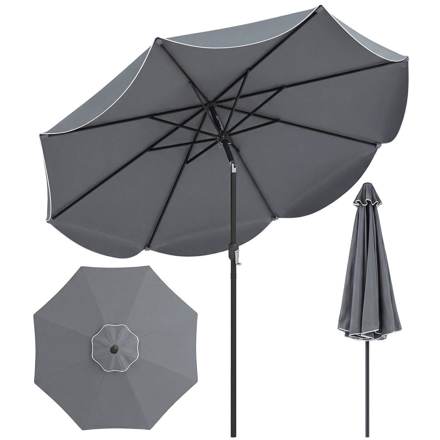 Costway Zonnescherm 270 cm Parasol met Zwengel en Kantelfunctie Balkonparasol met 8 Metalen Ribben en Dubbellaags Parasoldoek Grijs