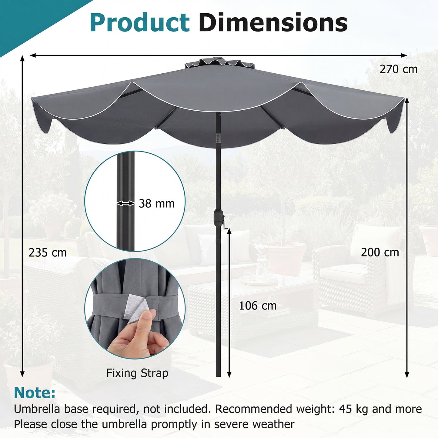 Costway Zonnescherm 270 cm Parasol met Zwengel en Kantelfunctie Balkonparasol met 8 Metalen Ribben en Dubbellaags Parasoldoek Grijs
