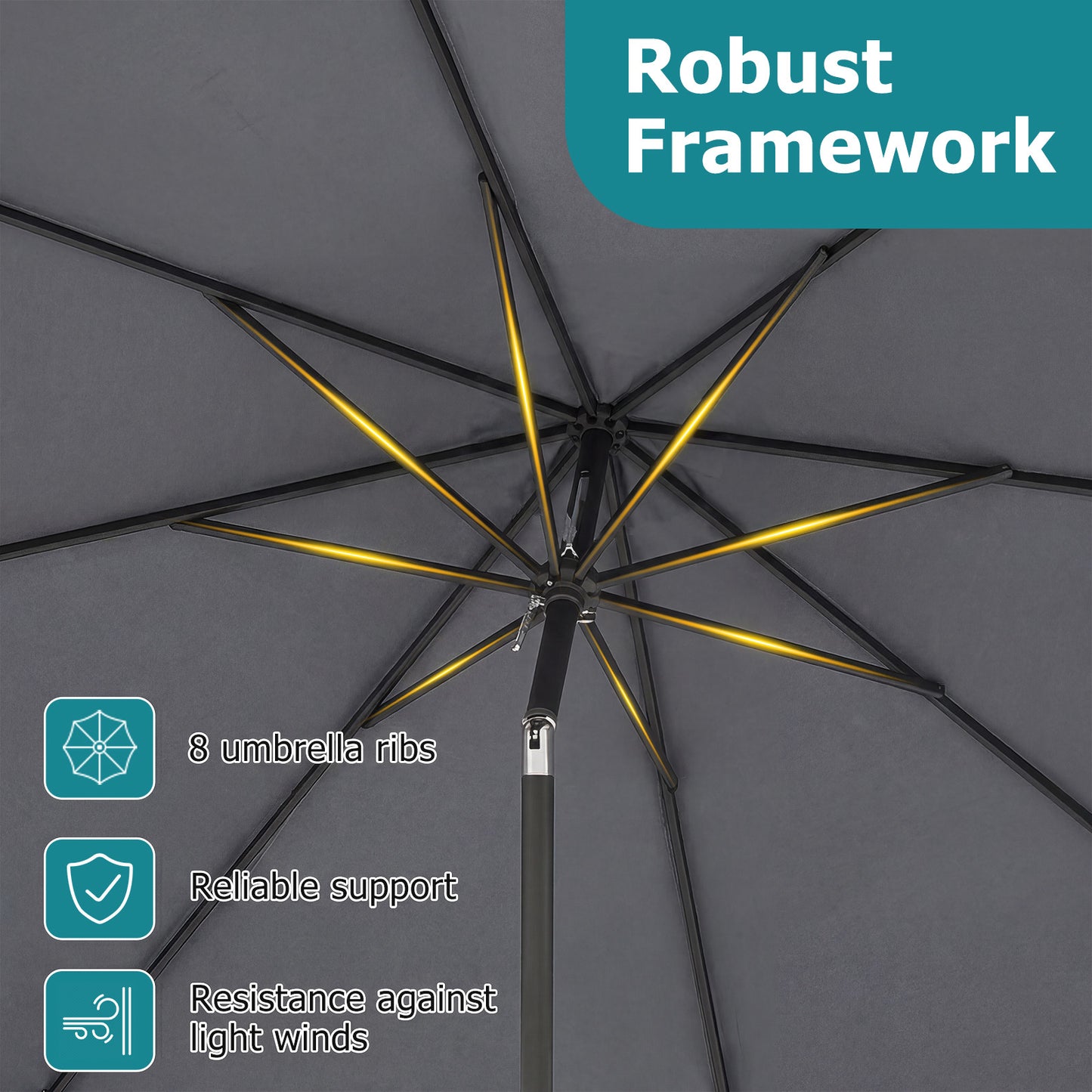 Costway Zonnescherm 270 cm Parasol met Zwengel en Kantelfunctie Balkonparasol met 8 Metalen Ribben en Dubbellaags Parasoldoek Grijs