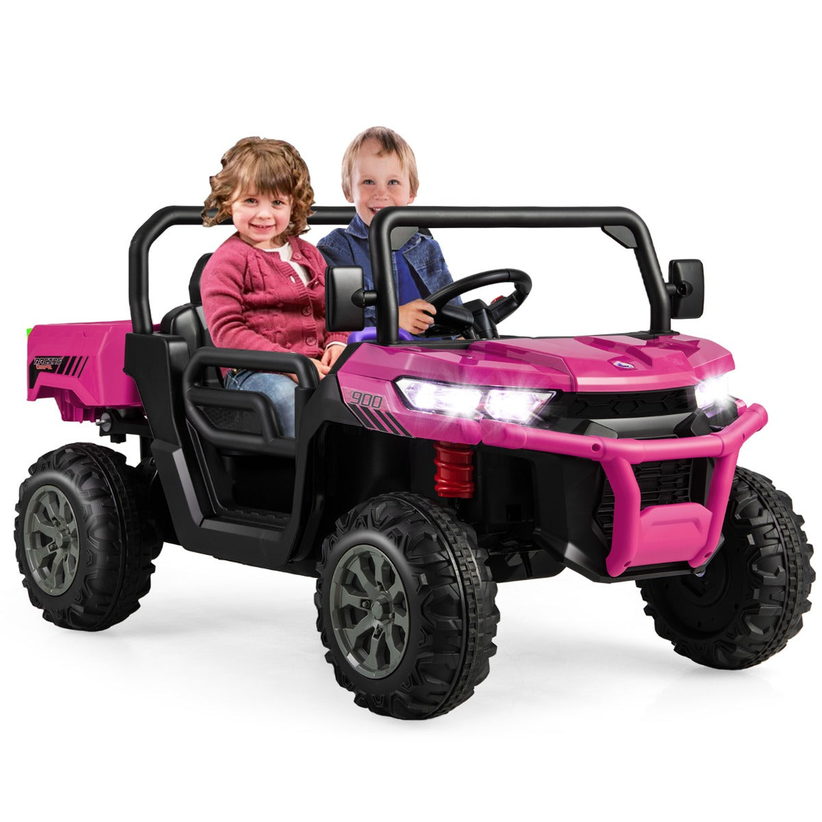 LIVSK 12V Kiepwagen voor Kinderen - Automatische Kiepbak - 2 Zitplaatsen - Afstandsbediening - Veiligheidsontwerp - Roze + Zwart