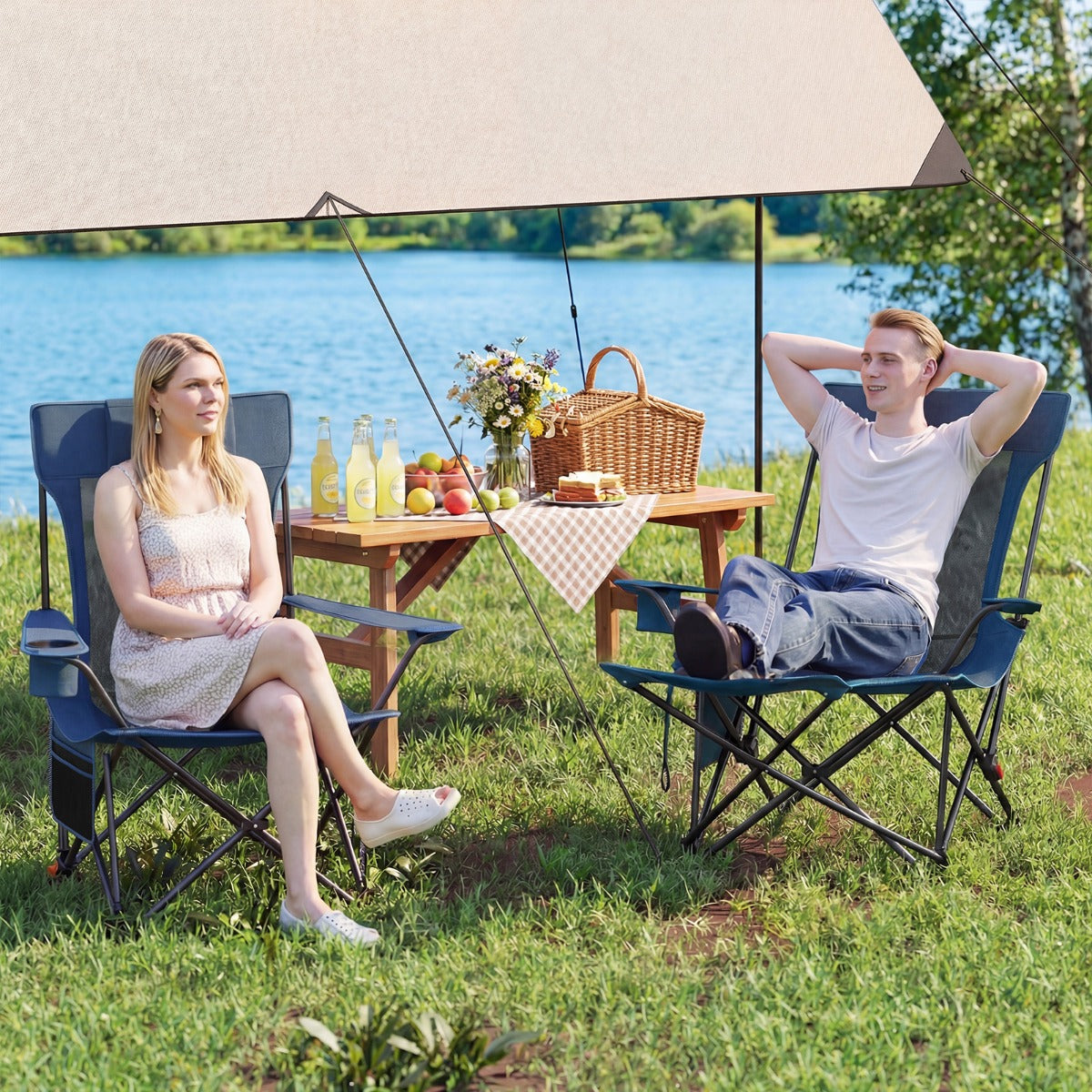 LIVSK 2-in-1 Outdoor Ligstoel - Opvouwbaar & Draagbaar - Verstelbare Rugleuning - Ademend Gaas - Marineblauw