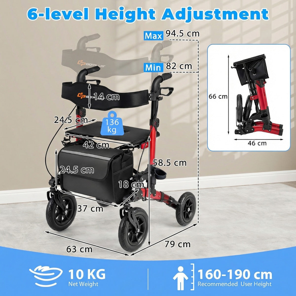 LIVSK 2-in-1 Rollator voor Senioren - Verstelbare Hoogte - Extra Grote Wielen - Opvouwbaar en Compact - Blauw + Zwart