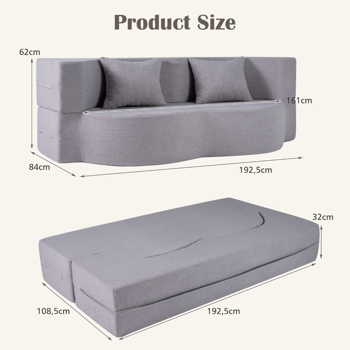 LIVSK 2-in-1 Slaapbank - Opvouwbaar Ontwerp - Comfortabele Teddyfleece - Geen Montage - Perfect voor 2 Personen - Grijs/Wit