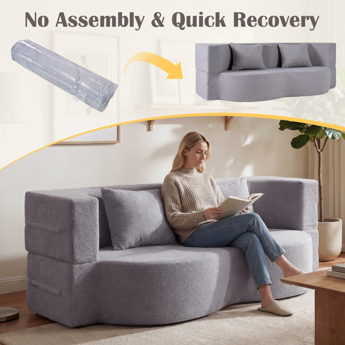 LIVSK 2-in-1 Slaapbank - Opvouwbaar Ontwerp - Comfortabele Teddyfleece - Geen Montage - Perfect voor 2 Personen - Grijs/Wit
