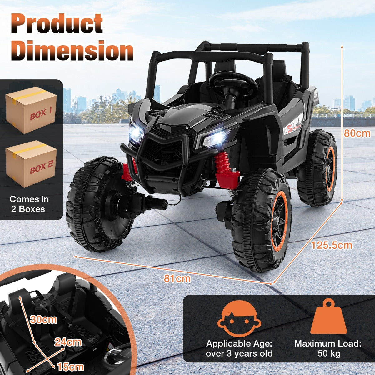 LIVSK 2-zits Kinder-Ride-On UTV - 24V Accu - Afstandsbediening - Veiligheidsriemen - Zwart