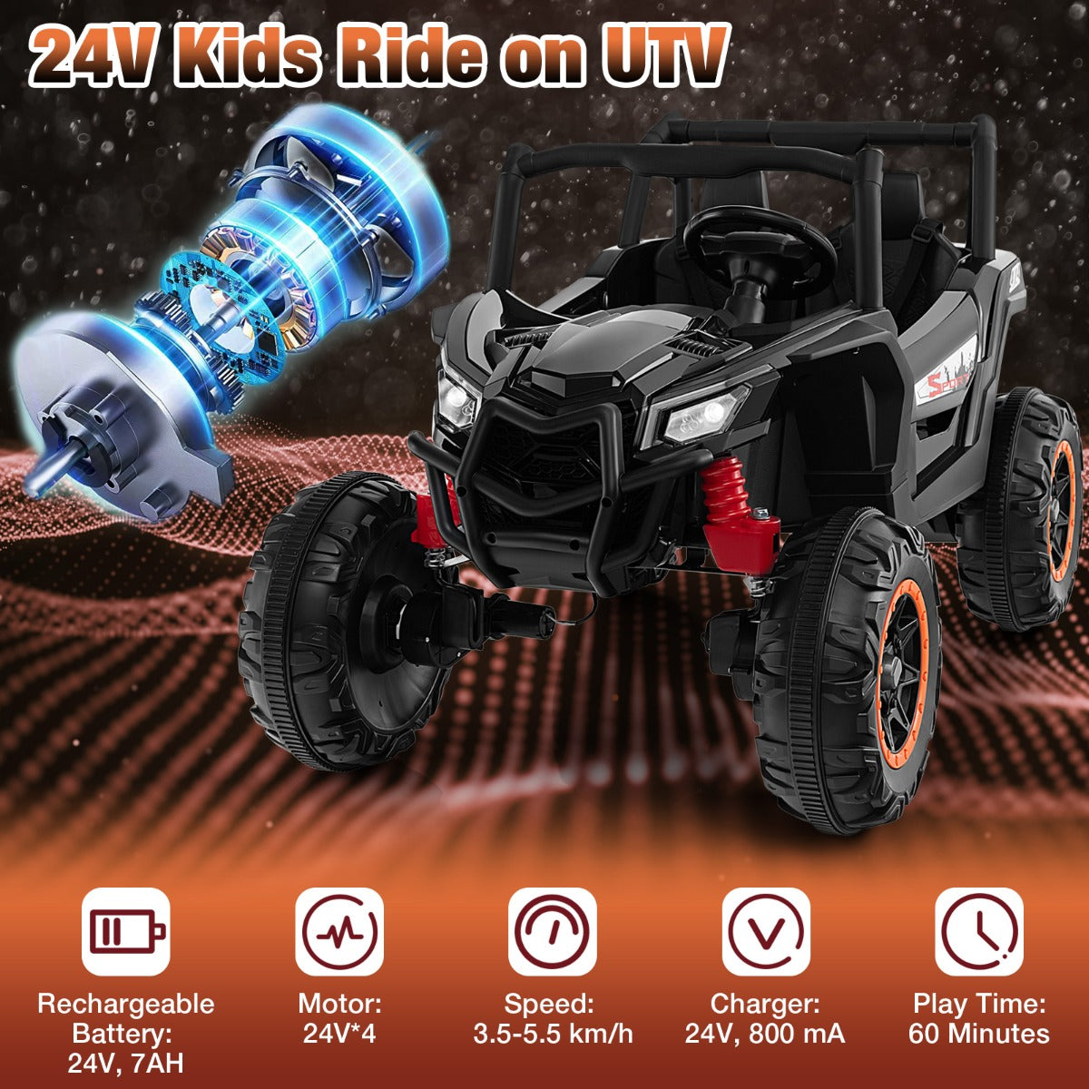 LIVSK 2-zits Kinder-Ride-On UTV - 24V Accu - Afstandsbediening - Veiligheidsriemen - Zwart
