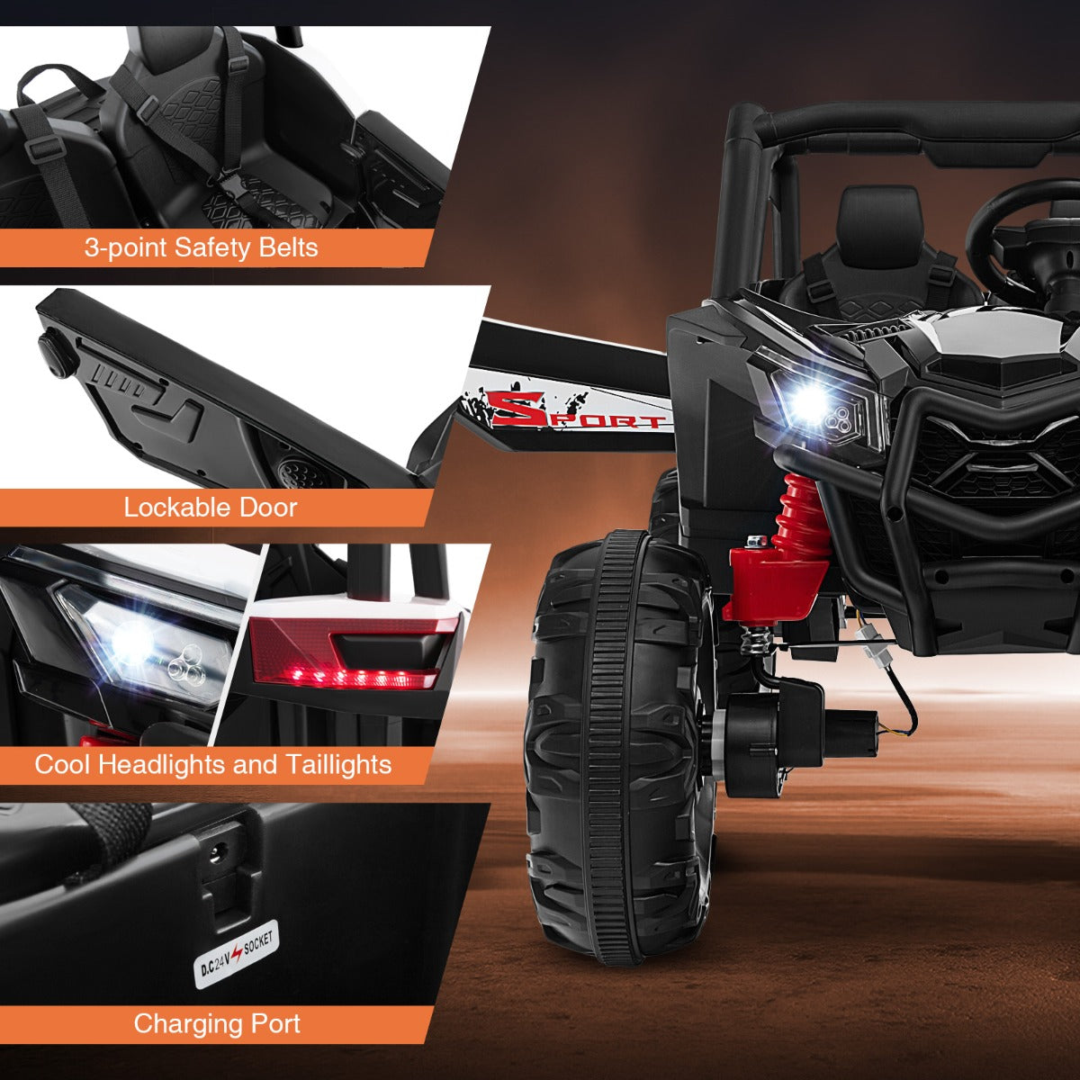 LIVSK 2-zits Kinder-Ride-On UTV - 24V Accu - Afstandsbediening - Veiligheidsriemen - Zwart